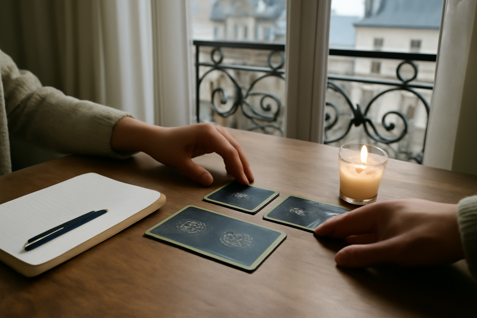 oracle belline travail gratuit tirage en 3 cartes sur table avec cartes et carnet