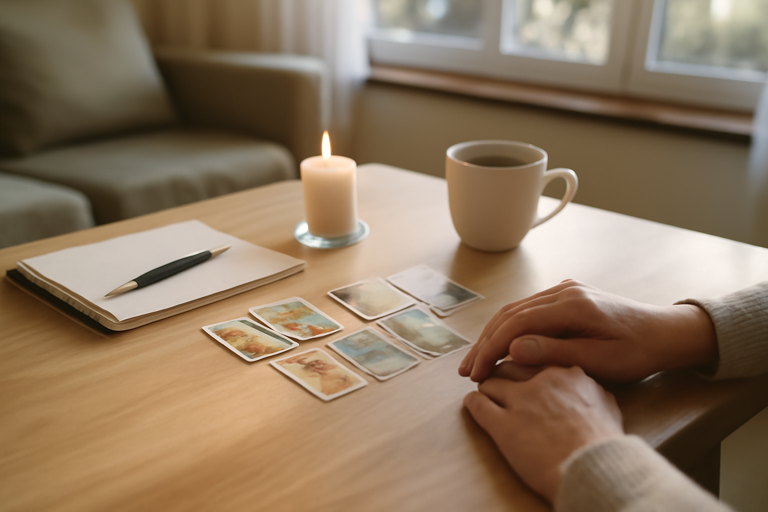 oracle belline travail : tirage des cartes sur table avec carnet et lumière du jour