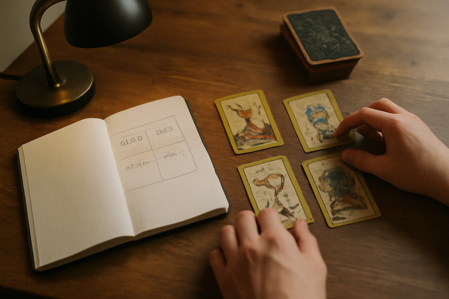 tirage oracle belline travail : carnet avec notes et cartes posées en ordre