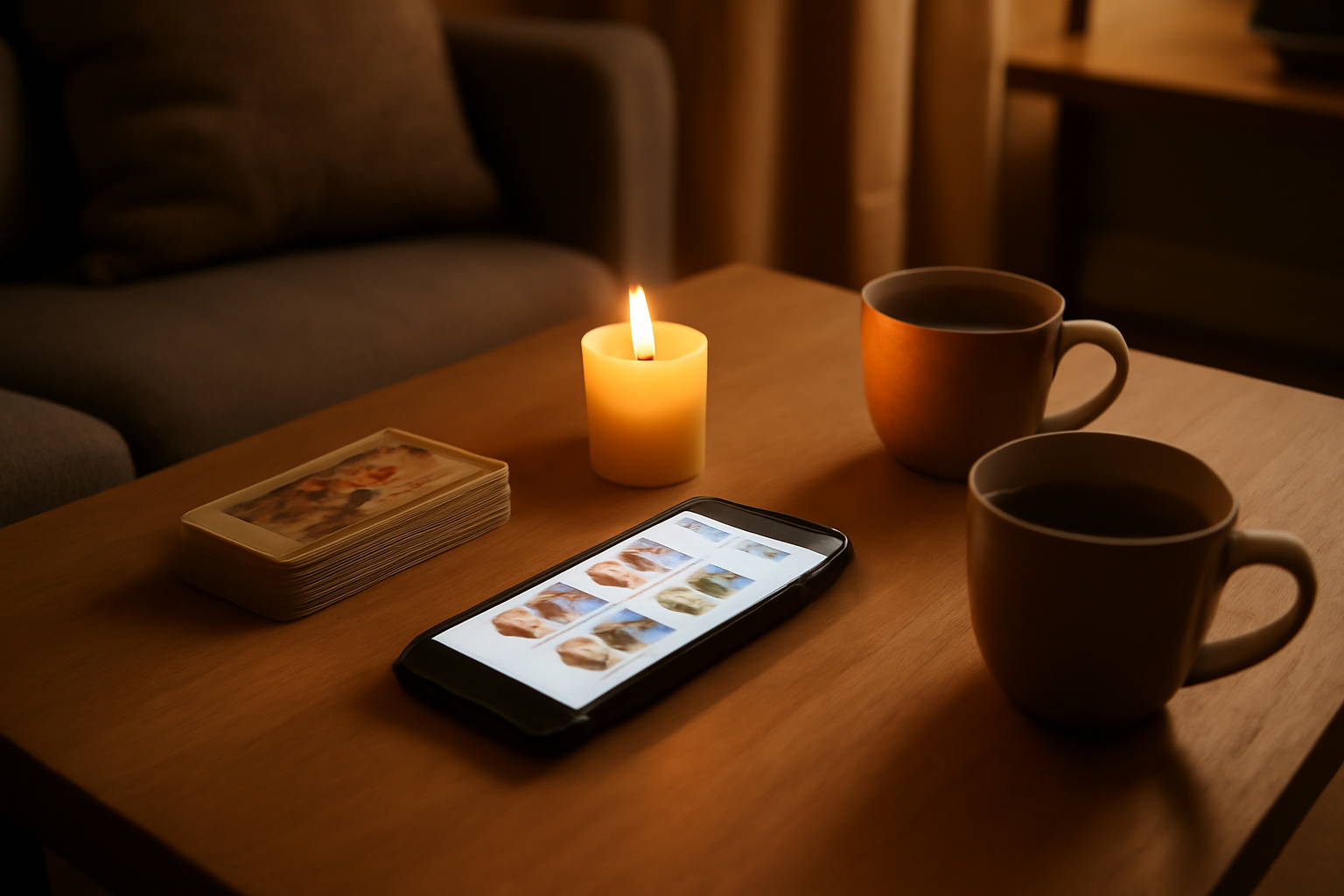 tarot amour en ligne : tirage sur table, cartes et bougie, ambiance intime
