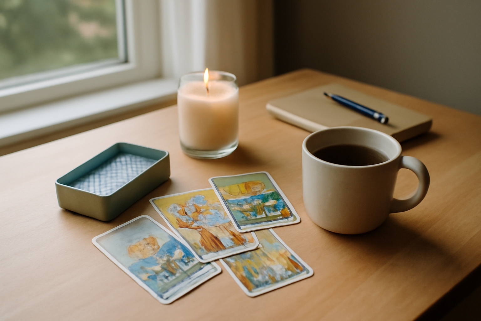 tarot amour tirage, cartes posées sur table en bois avec bougie et carnet