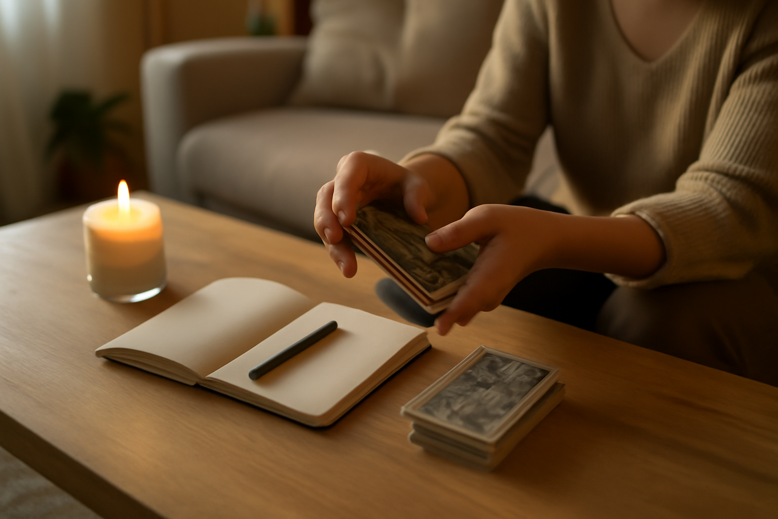 tarot des anges gratuit posé sur une table près d'une bougie et d'un carnet
