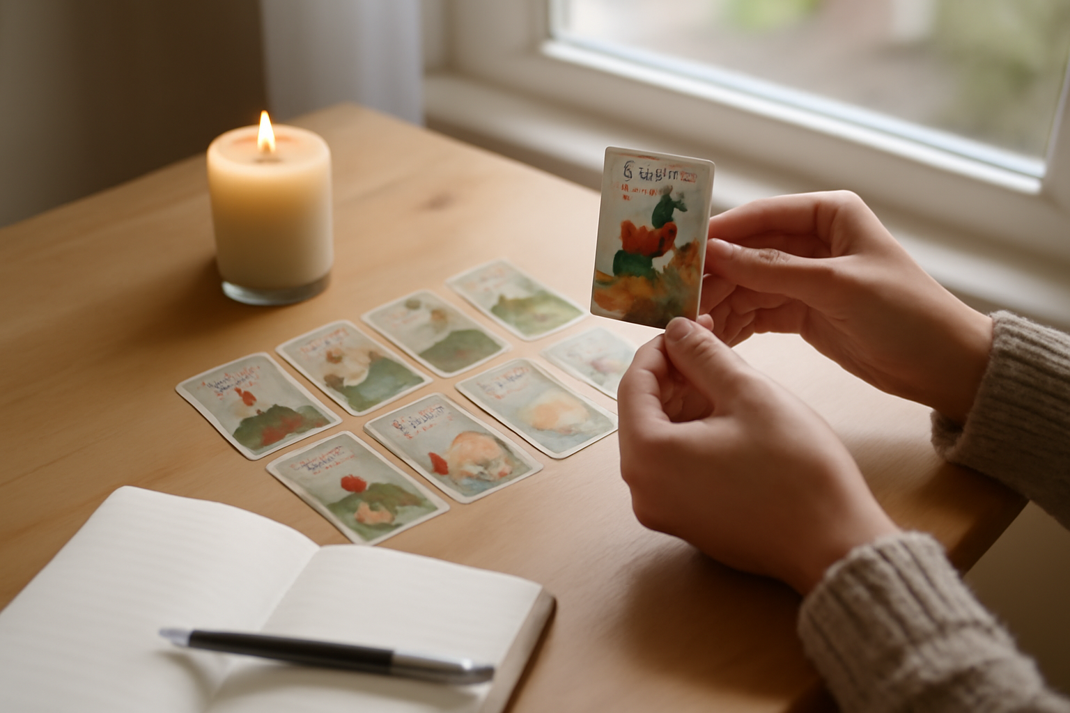 tarot lenormand amour : tirage amoureux sur table en bois, bougie et cartes