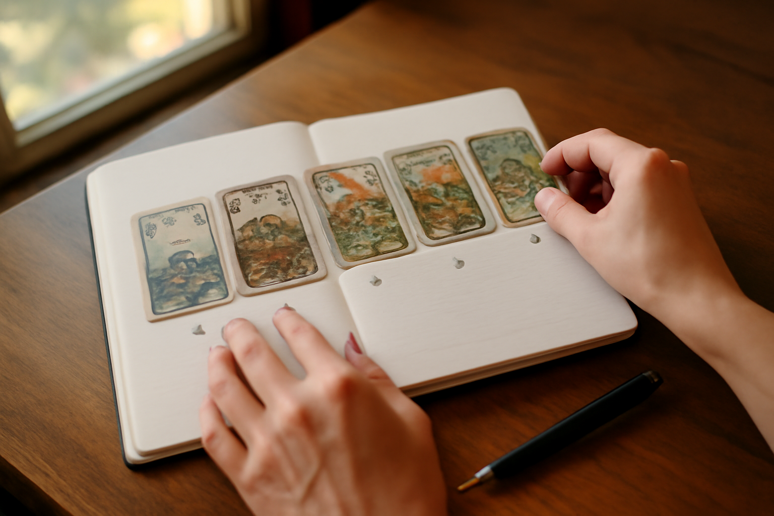 tirage lenormand 5 cartes sur table carnet et stylo