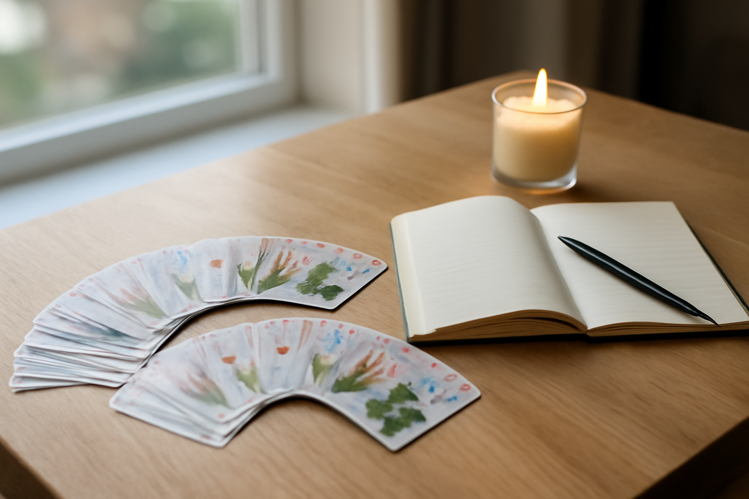 Cartes du tarot Lenormand posées sur une table en bois, lumière naturelle, carnet d'interprétation ouvert