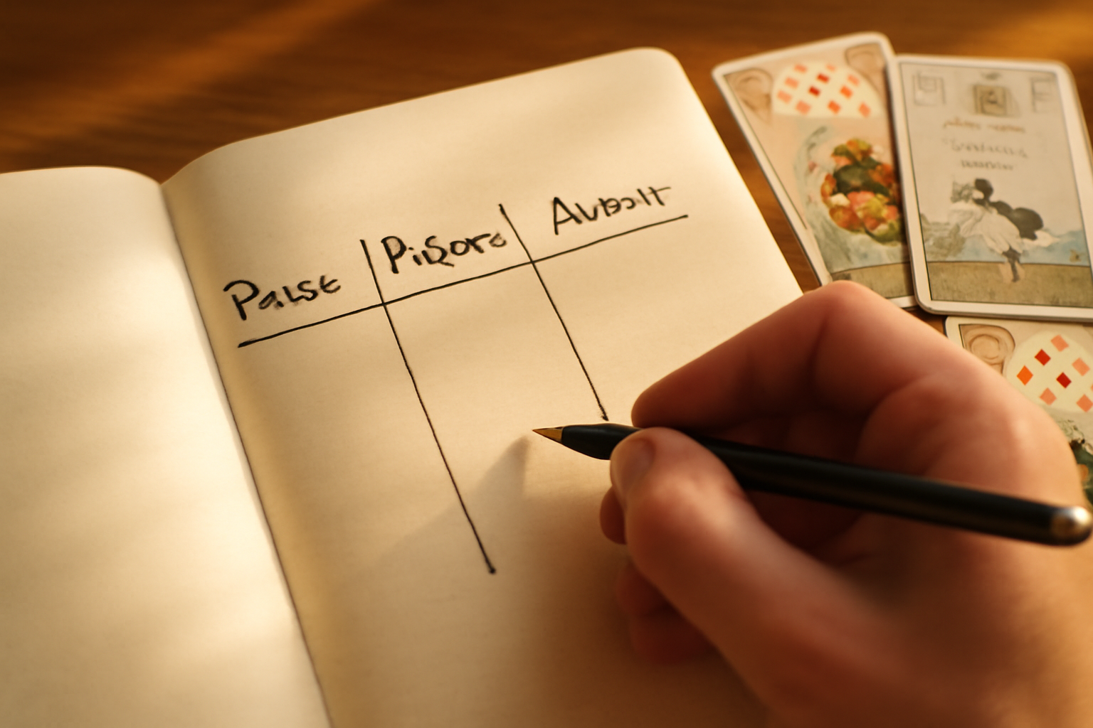 Carnet avec tableau de tirage Lenormand Passé Présent Avenir, stylo au premier plan, photo réaliste