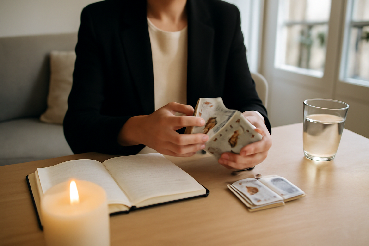 tarot lenormand travail : tirage de cartes sur table avec carnet et bougie