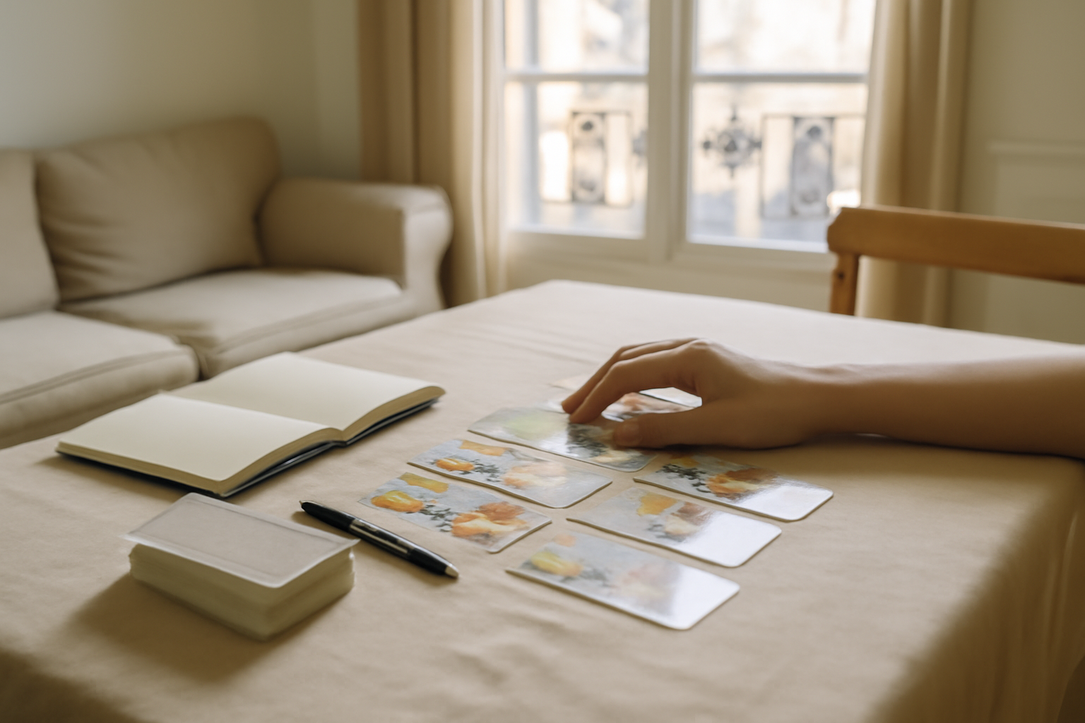 tarot oui non immédiat en ligne, cartes posées sur une table avec une lumière naturelle