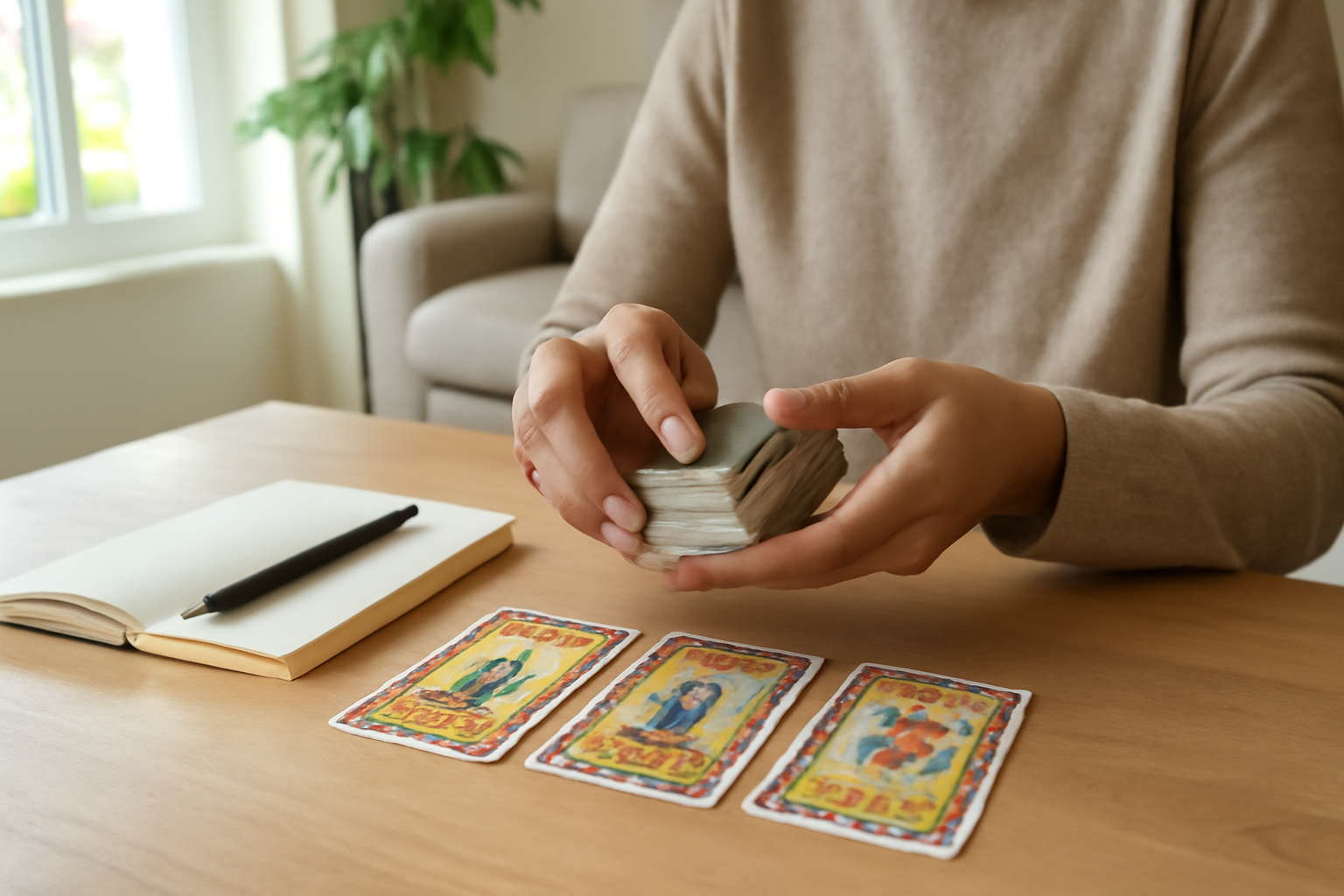 Tarot persan oui non : tirage sur table avec cartes et carnet, lumière naturelle