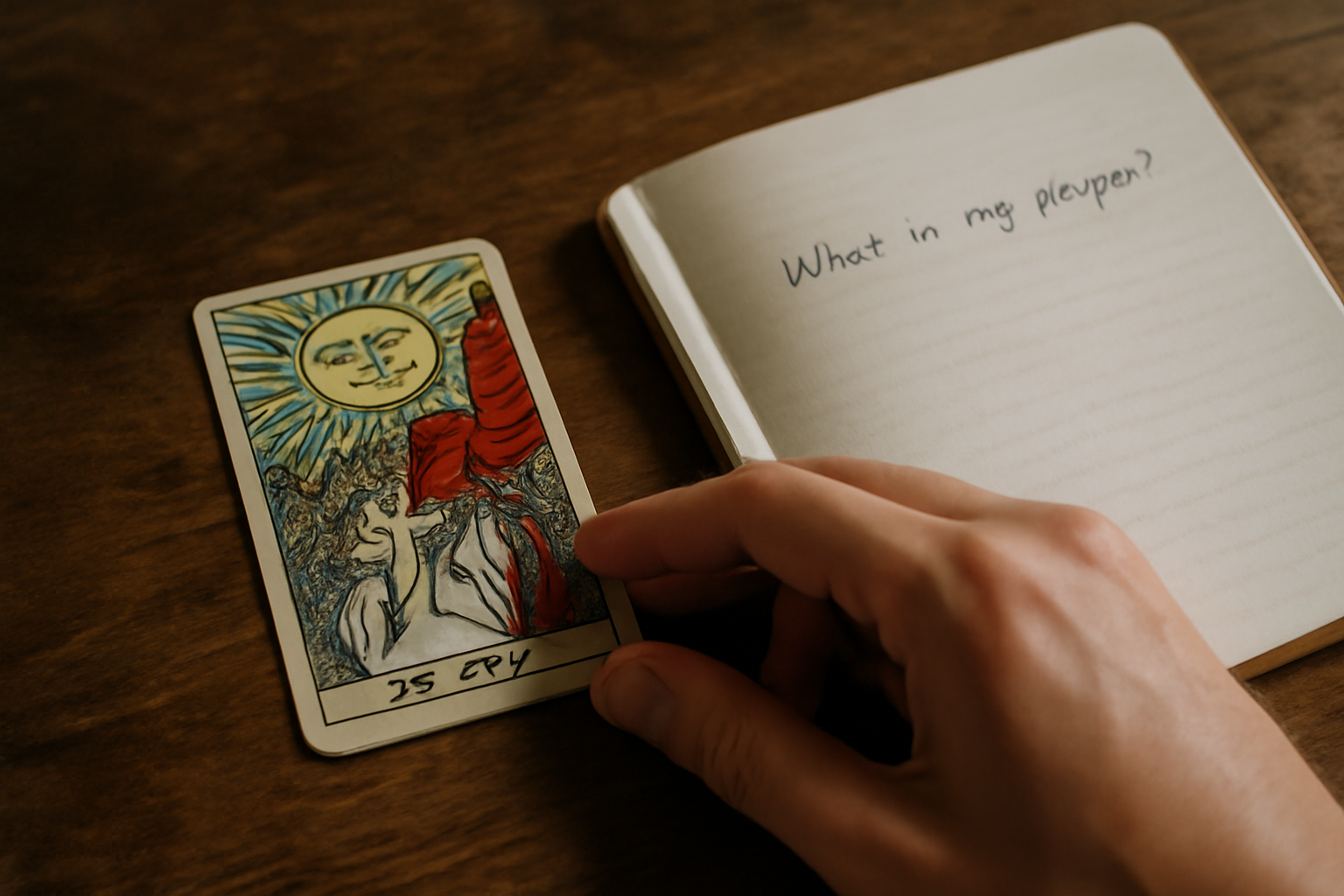 Carte de tarot persan oui non tirée et carnet de notes, main posée sur la table