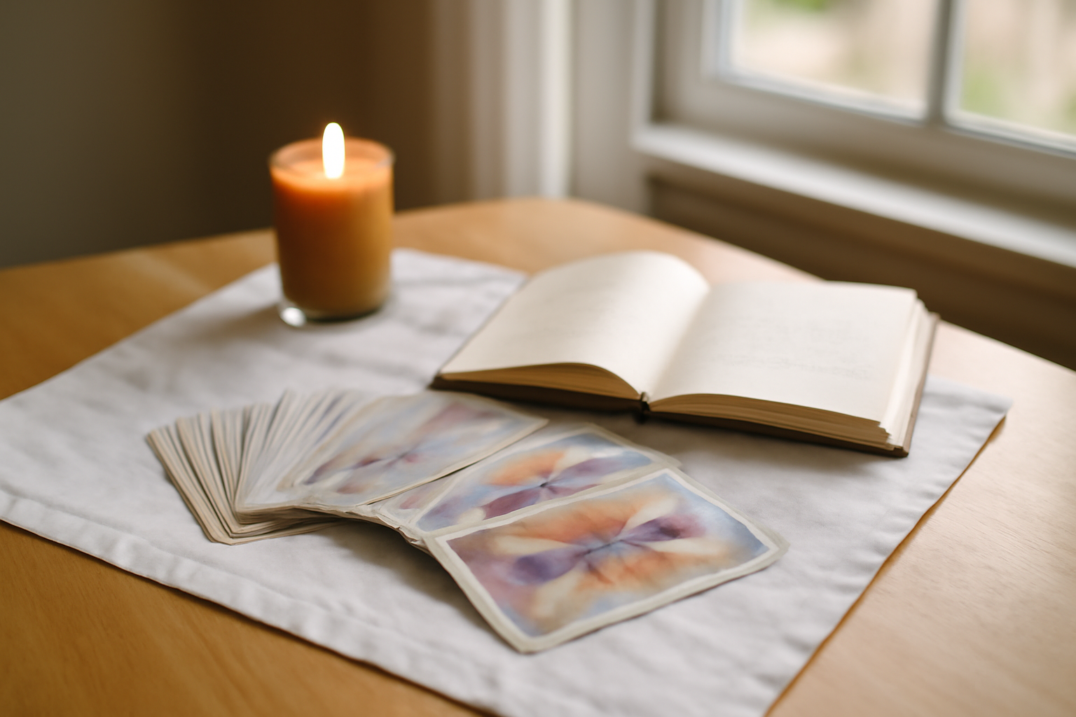 tirage des anges : cartes d’oracle sur une table avec lumière douce