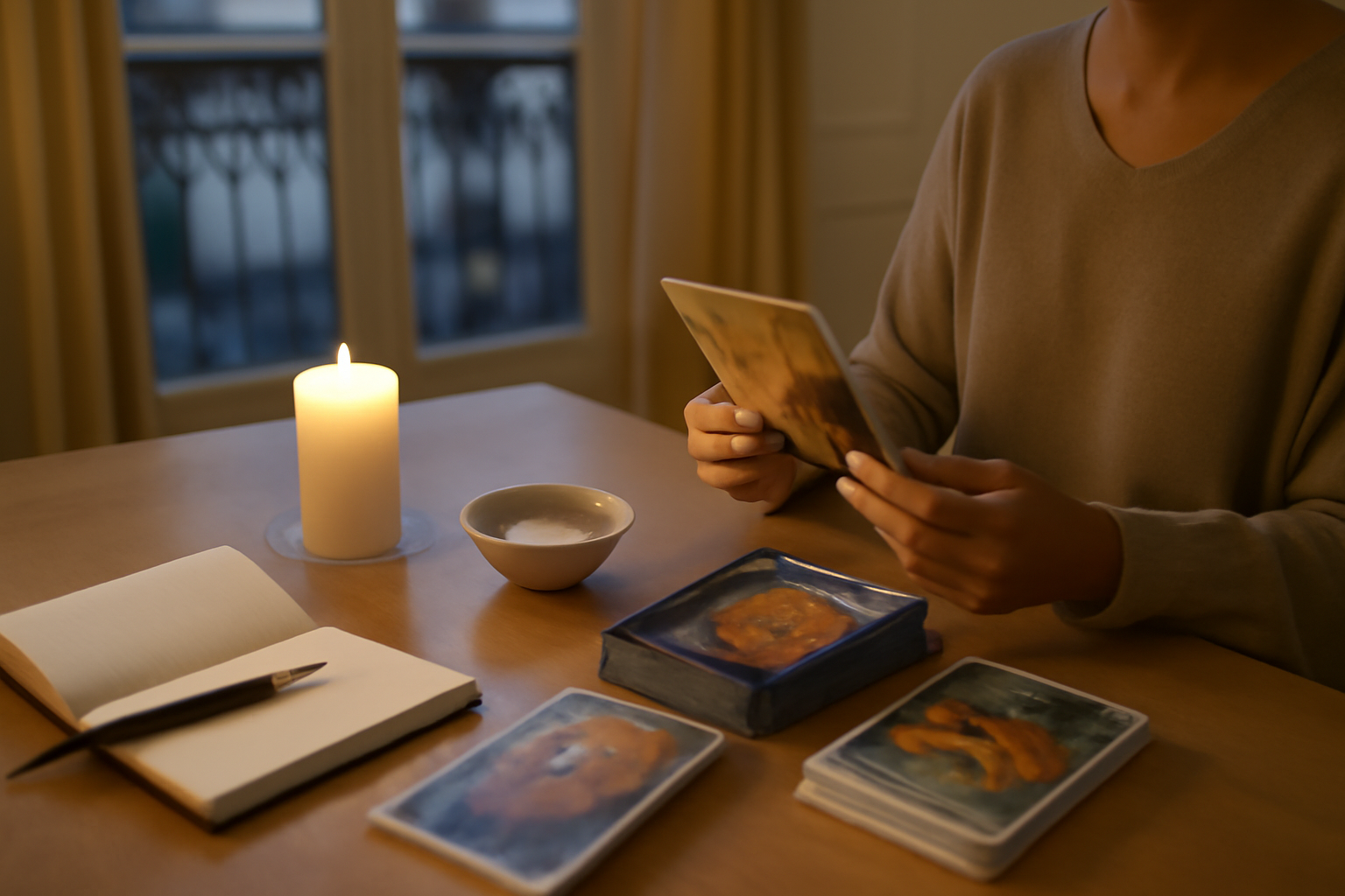 tirage carte des anges gratuit sur table avec cartes et bougie