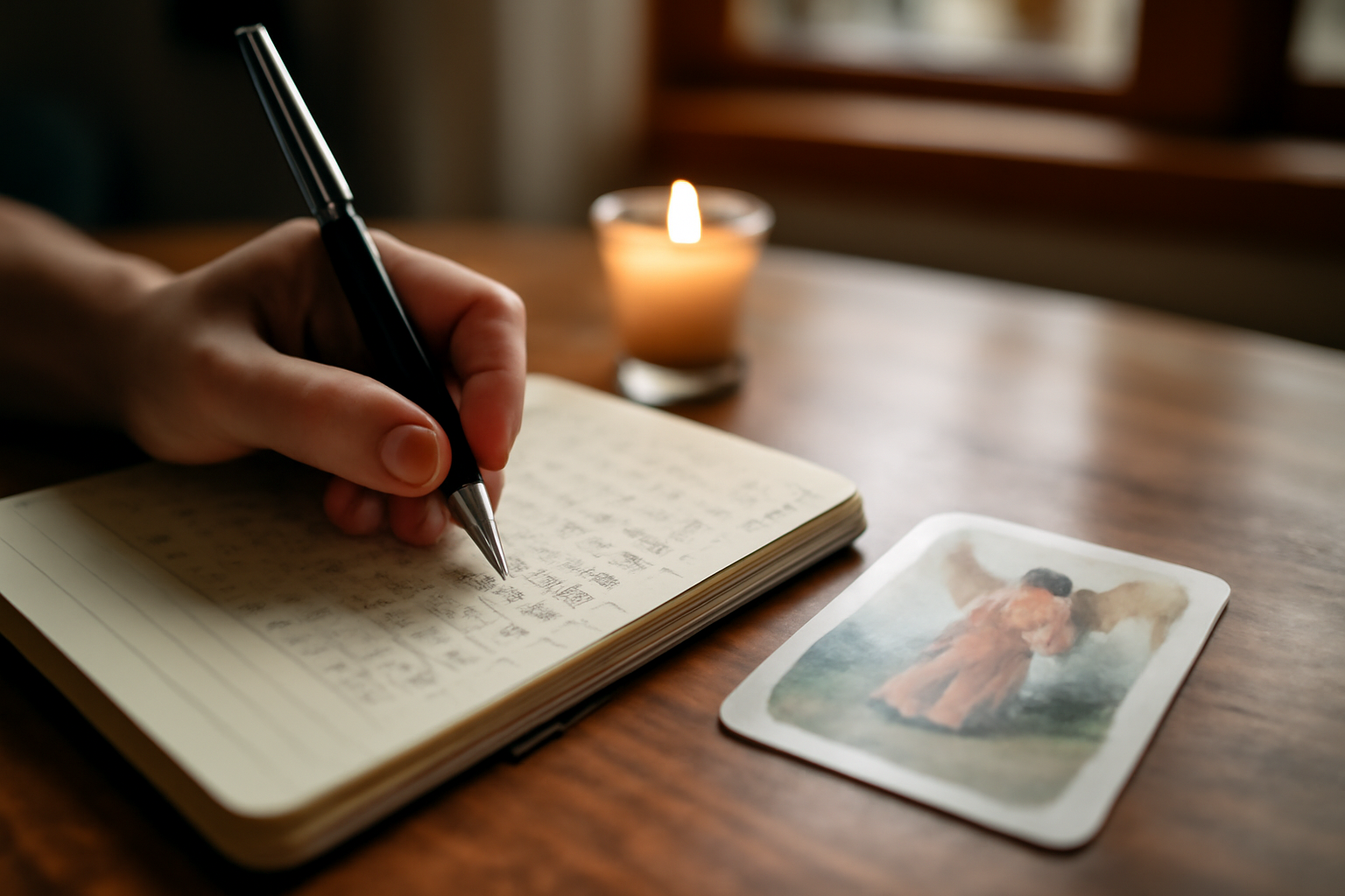 carnet de guidance après tirage carte des anges gratuit avec stylo et bougie