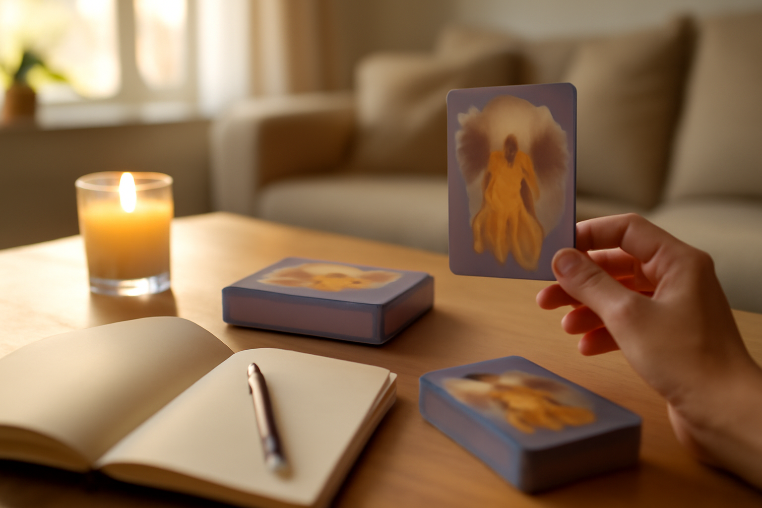 Tirage carte des anges : préparation avec un jeu de cartes et un carnet, lumière douce sur une table