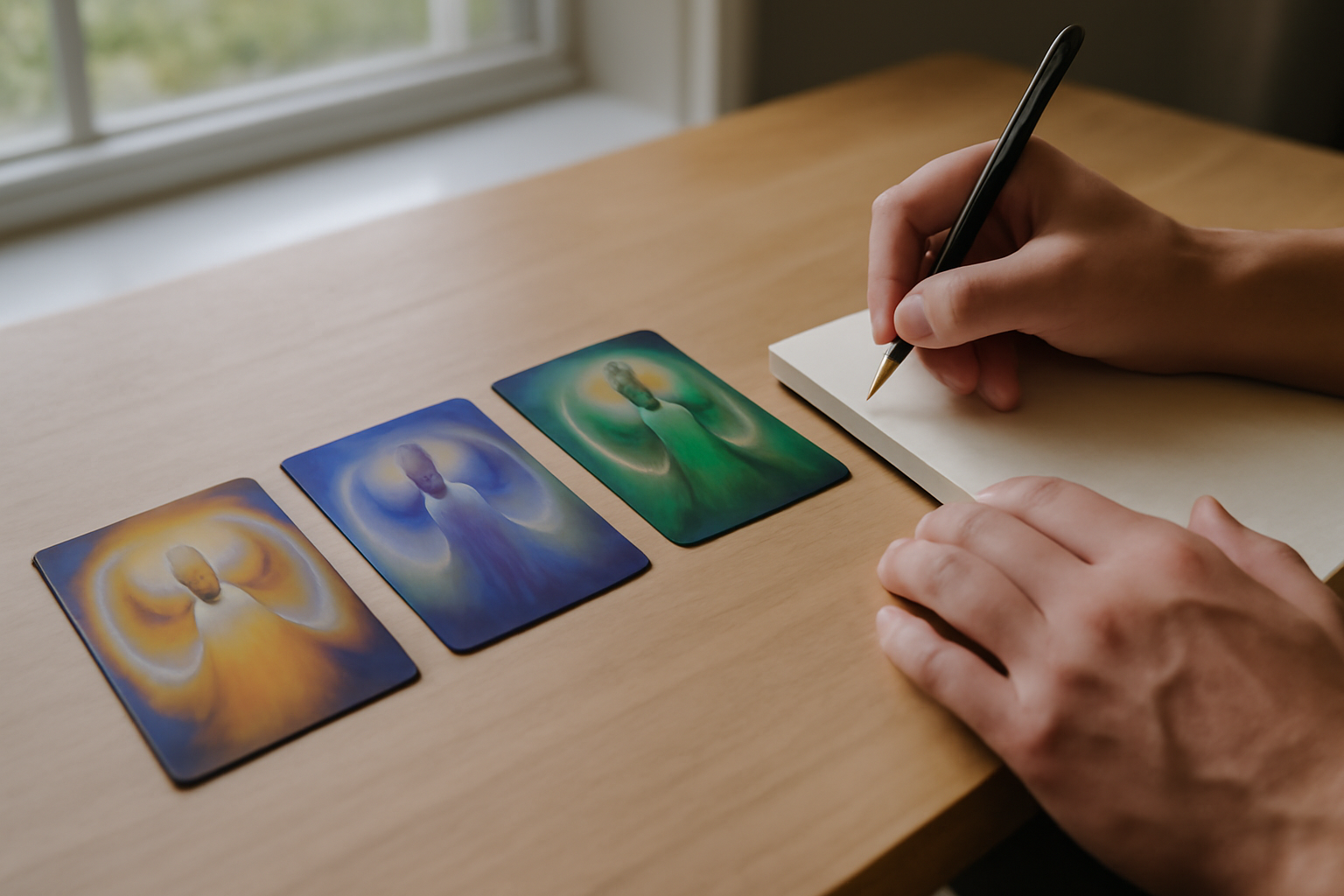 Interprétation d’un tirage carte des anges : cartes posées sur une table avec carnet et notes, lumière naturelle