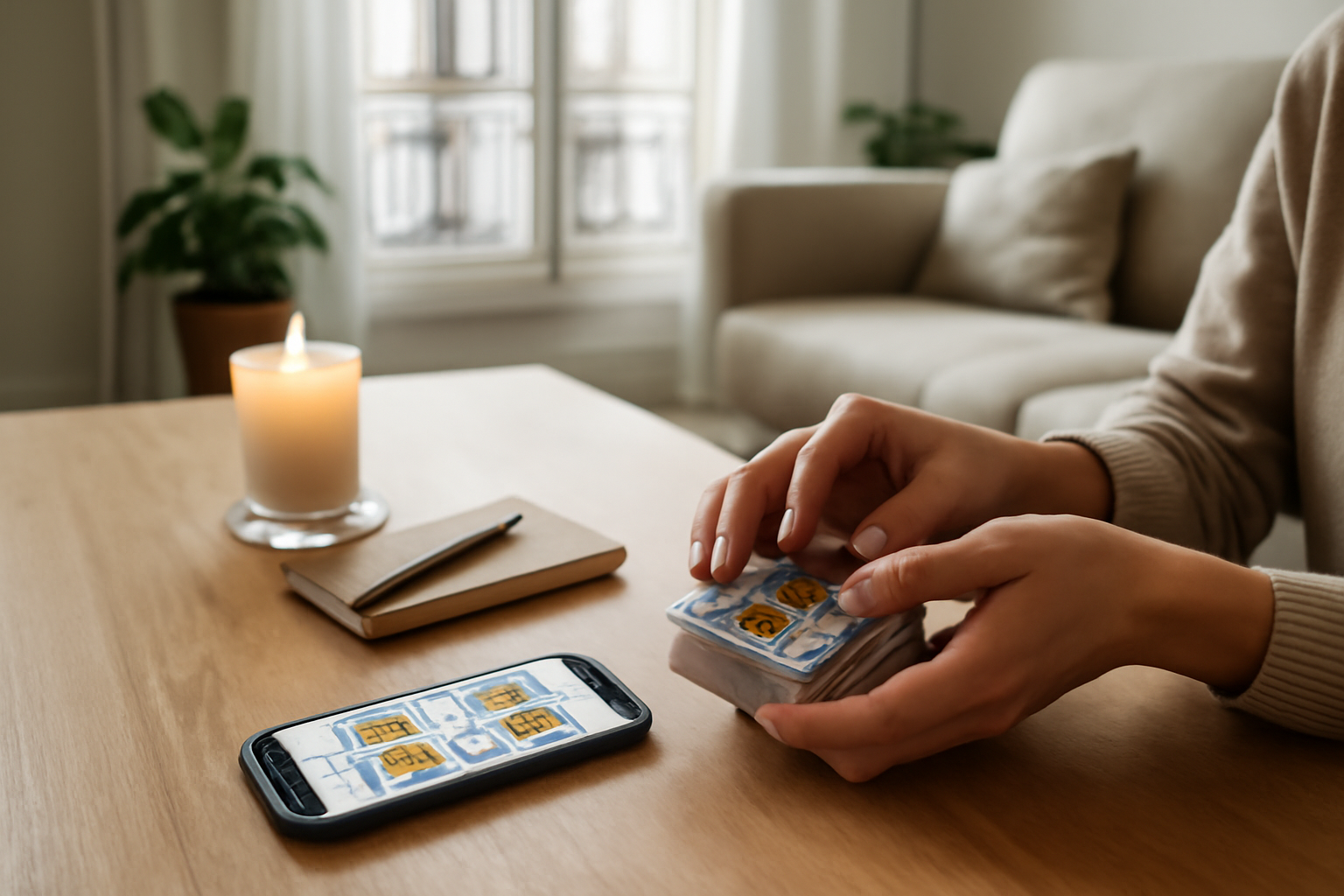 tirage cartes en ligne sur une table avec tarot et téléphone