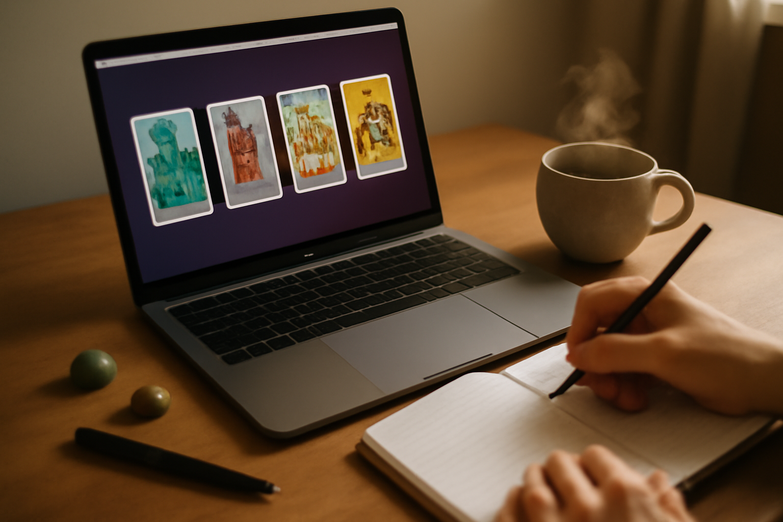 tirage de tarot gratuit sur ordinateur avec carnet à côté
