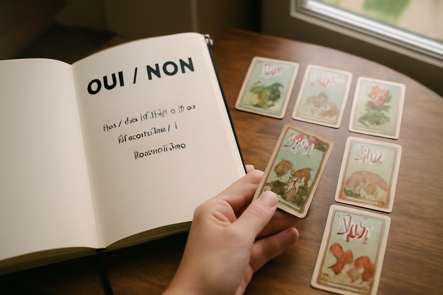 tirage des cartes Lenormand pour réponse oui non avec carnet et stylo