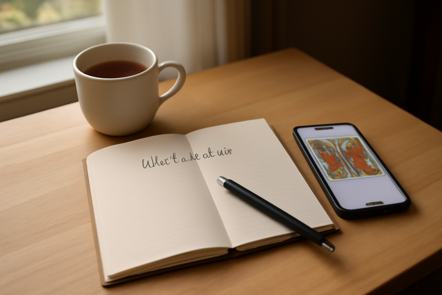 tirage oracle ge gratuit sur table avec carnet et lumière naturelle