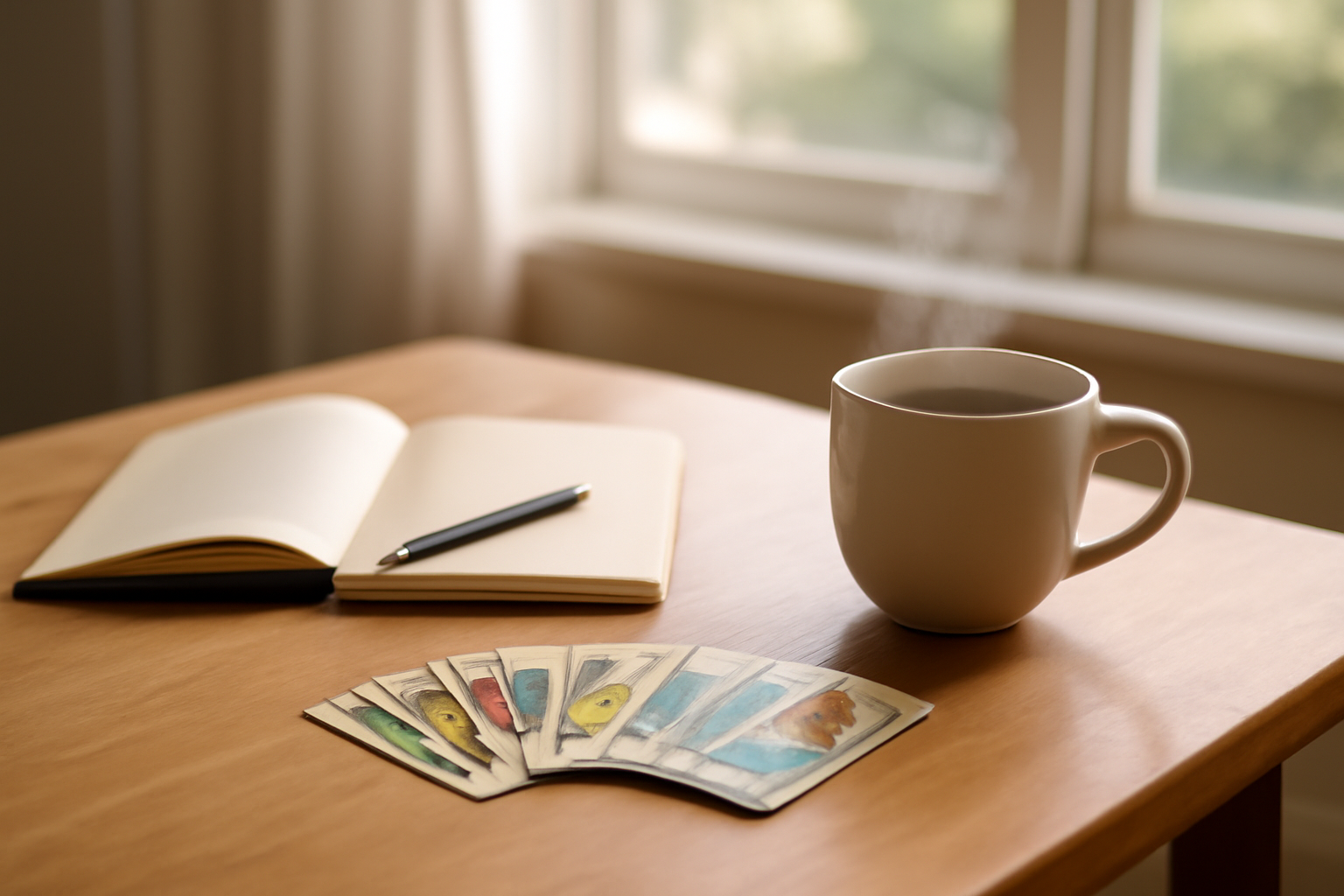 Tirage oracle ge quotidien : carnet, stylo et cartes Oracle Gé sur une table au matin