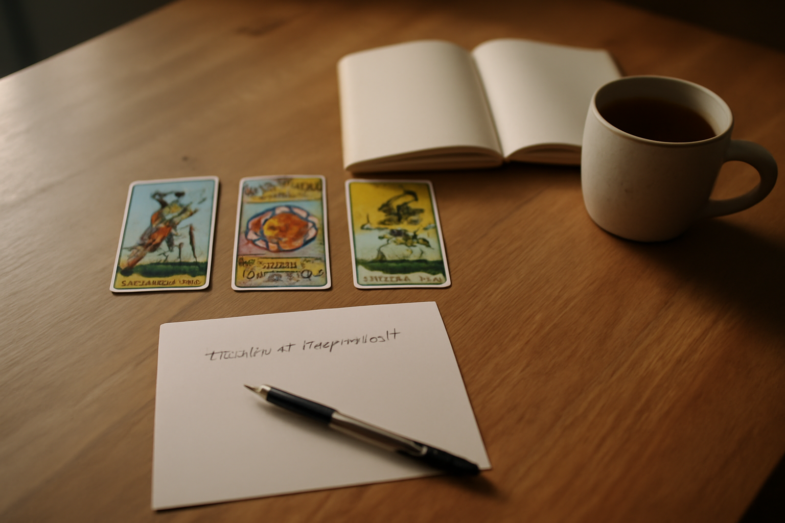 tirage de cartes oui non : trois cartes disposées sur une table avec stylo et feuille