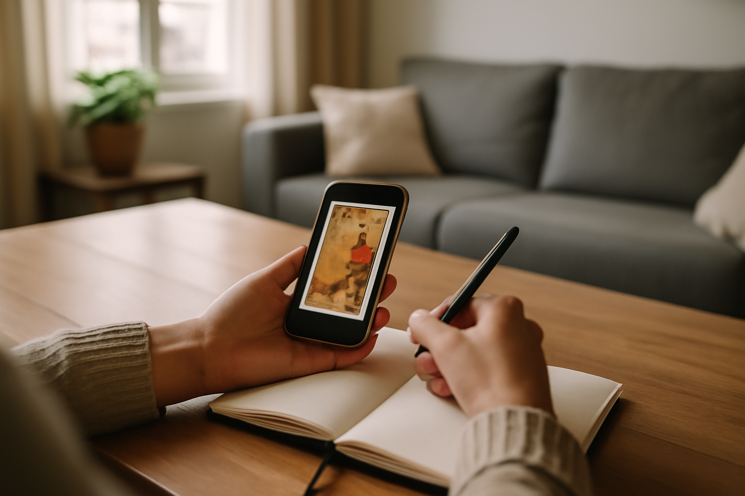 carte des anges gratuit en ligne : personne dans un salon calme tenant un téléphone, lumière douce, carnet ouvert