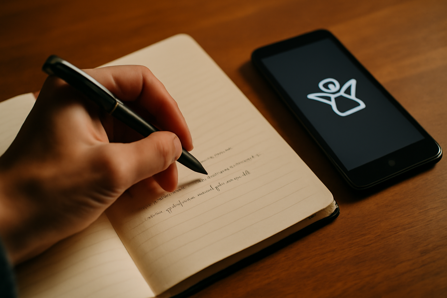 note manuscrite après une carte des anges gratuit : carnet et stylo sur table, téléphone à côté