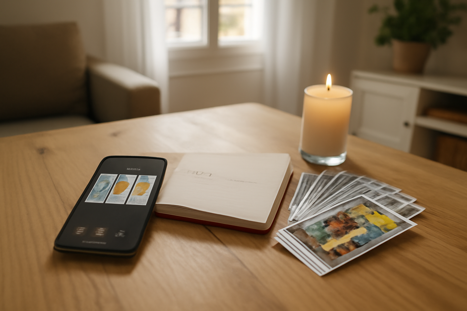 cartomancie gratuit en ligne : tarot et carnet sur une table, lumière douce