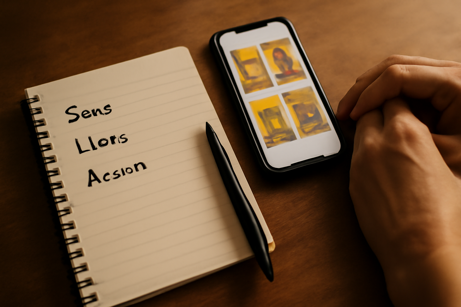 interprétation d’un tirage de tarot sur un carnet avec une liste de sens, liens et action