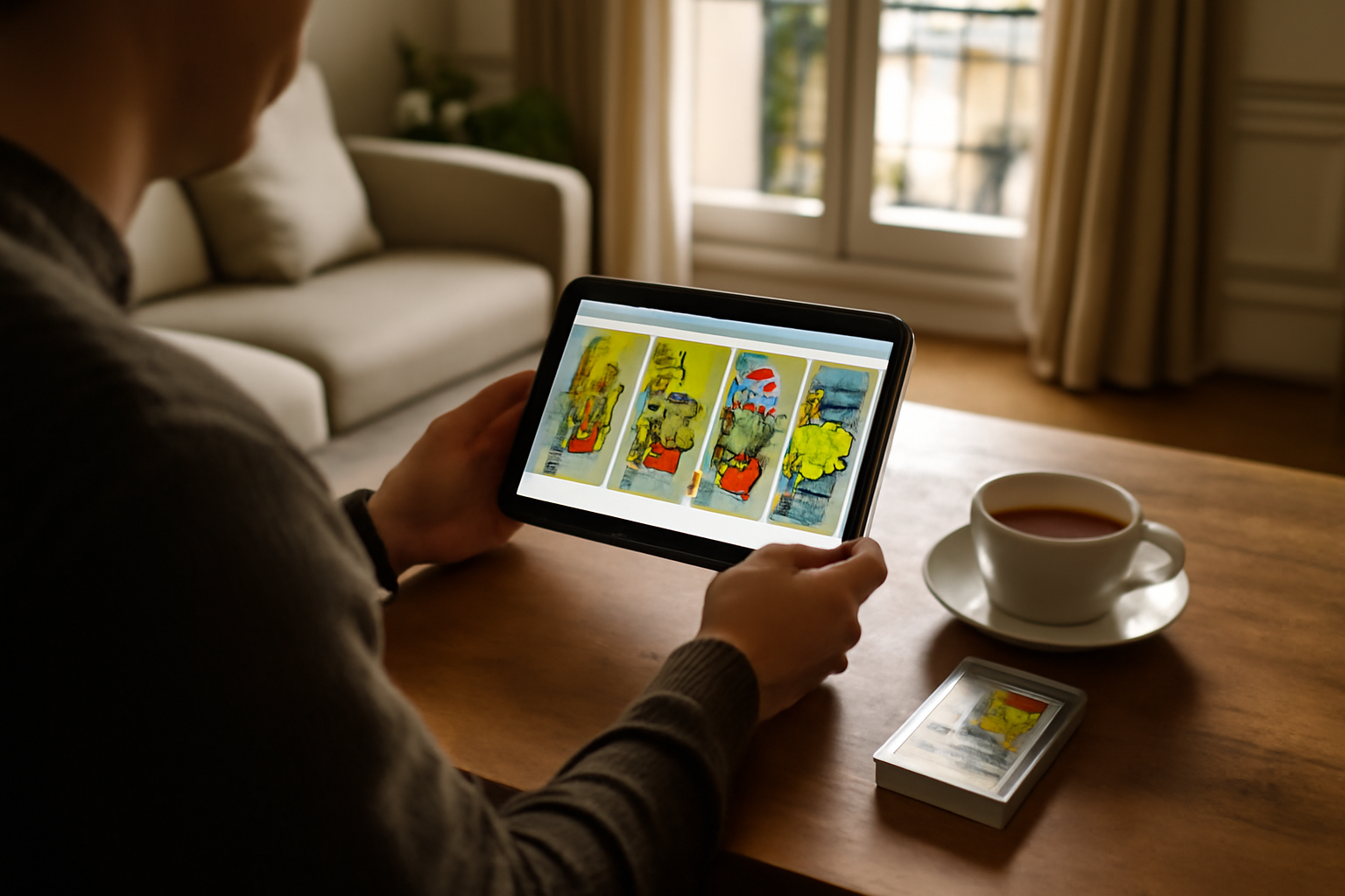 divination gratuite en ligne : tirage de tarot sur tablette, ambiance lumineuse