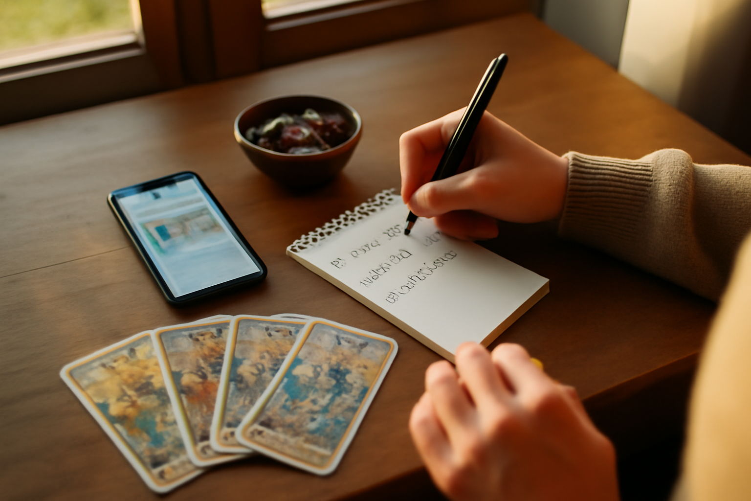 Tarot amour avenir : tirage en ligne sur table avec carnet et cartes
