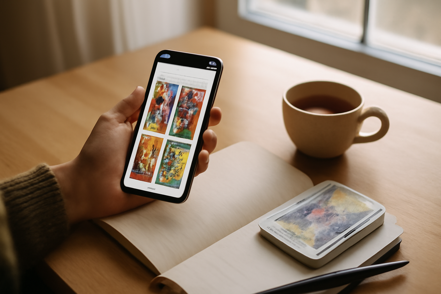 tarot amour gratuit en ligne sur une table avec cartes et carnet, lumière douce