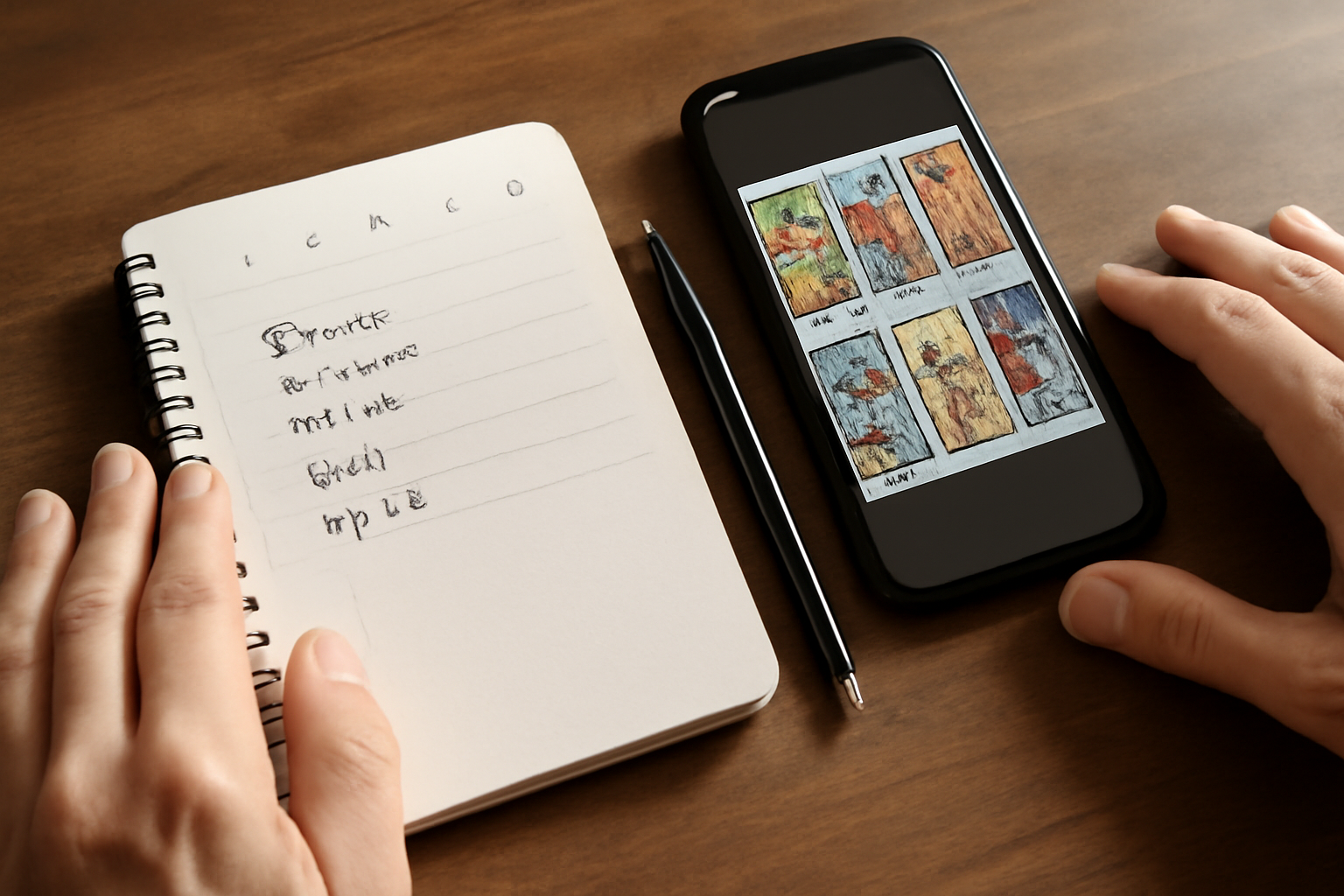 carnet avec notes de tirage tarot amour gratuit en ligne et téléphone affichant 5 cartes