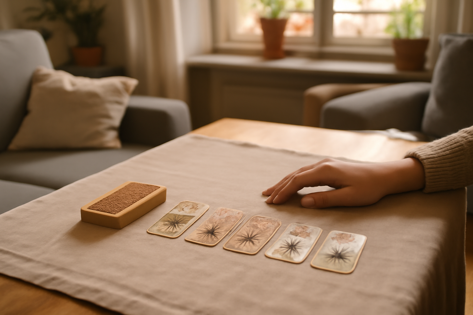 Tarot lenormand gratuit : cartes du Petit Lenormand posées sur une table, main tenant un jeu de cartes