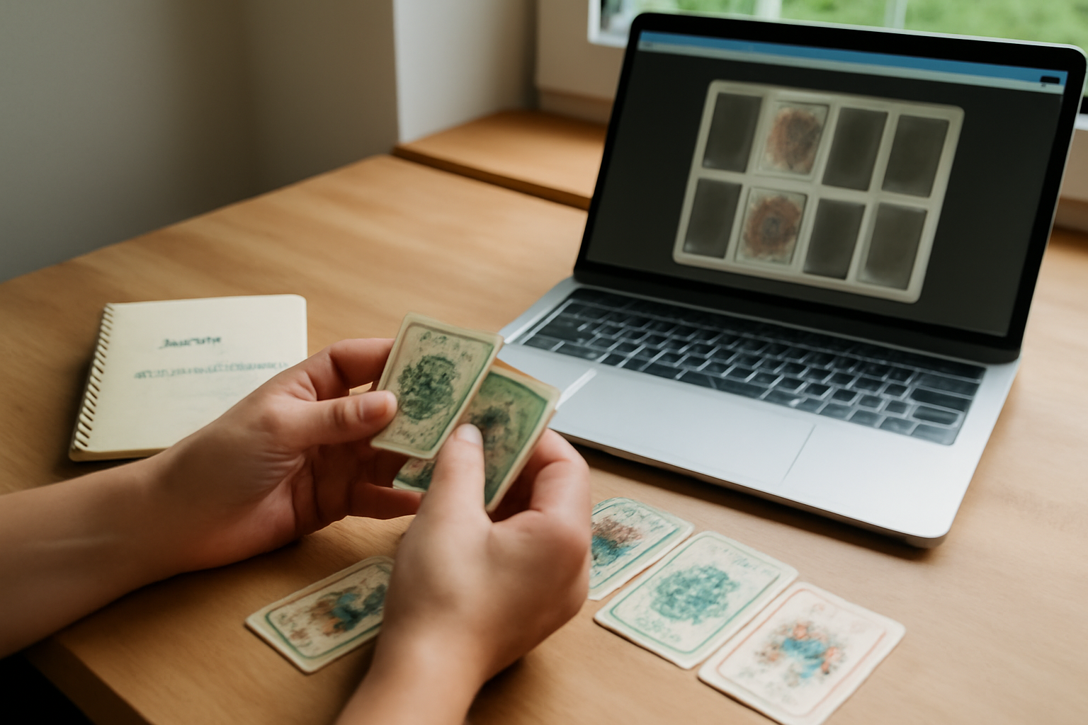 Tarot Lenormand travail gratuit en ligne : mains prenant des cartes et carnet près d’un ordinateur