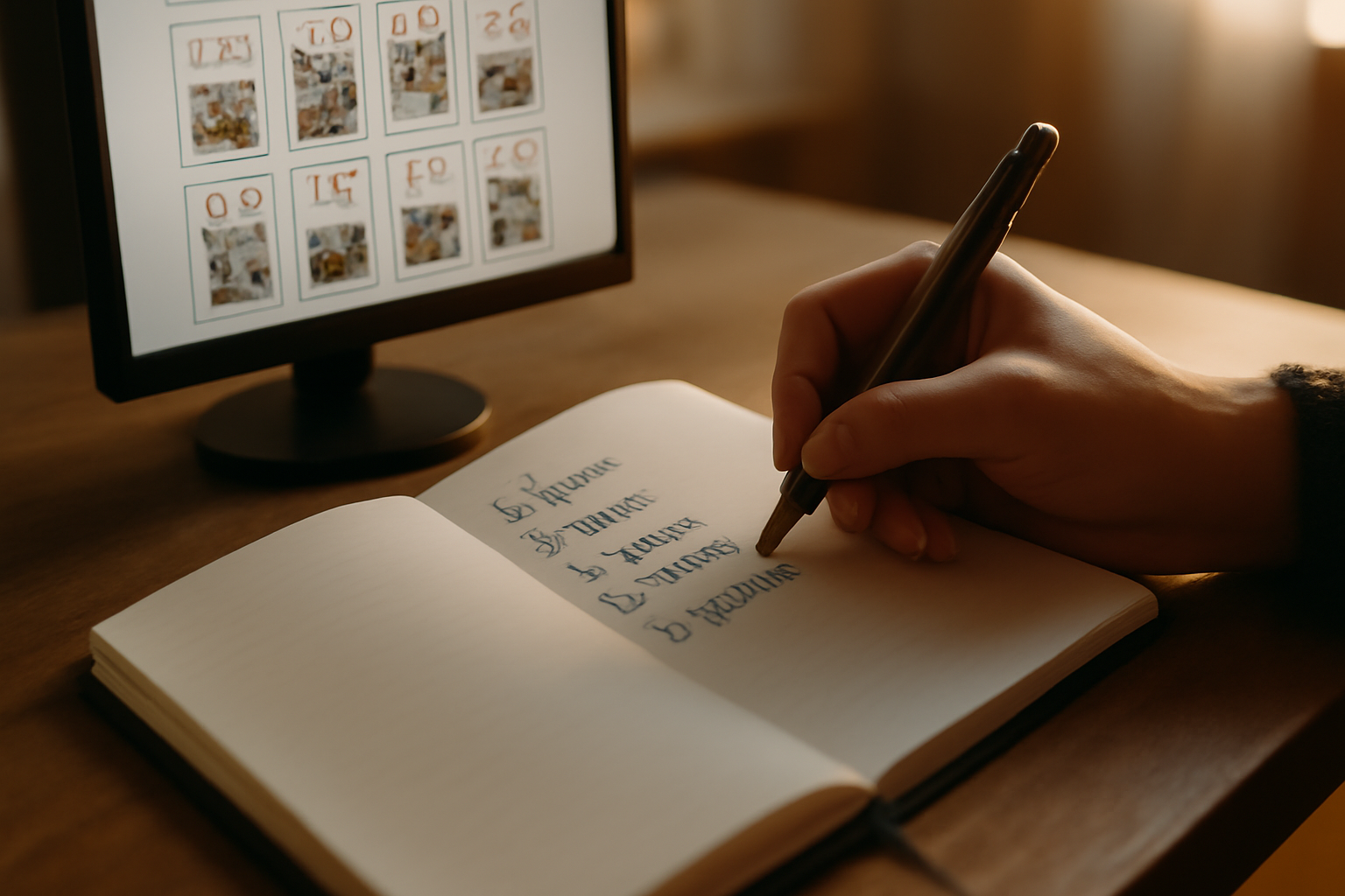 Carnet avec une checklist et résultat de tirage Lenormand travail gratuit, près d’un ordinateur