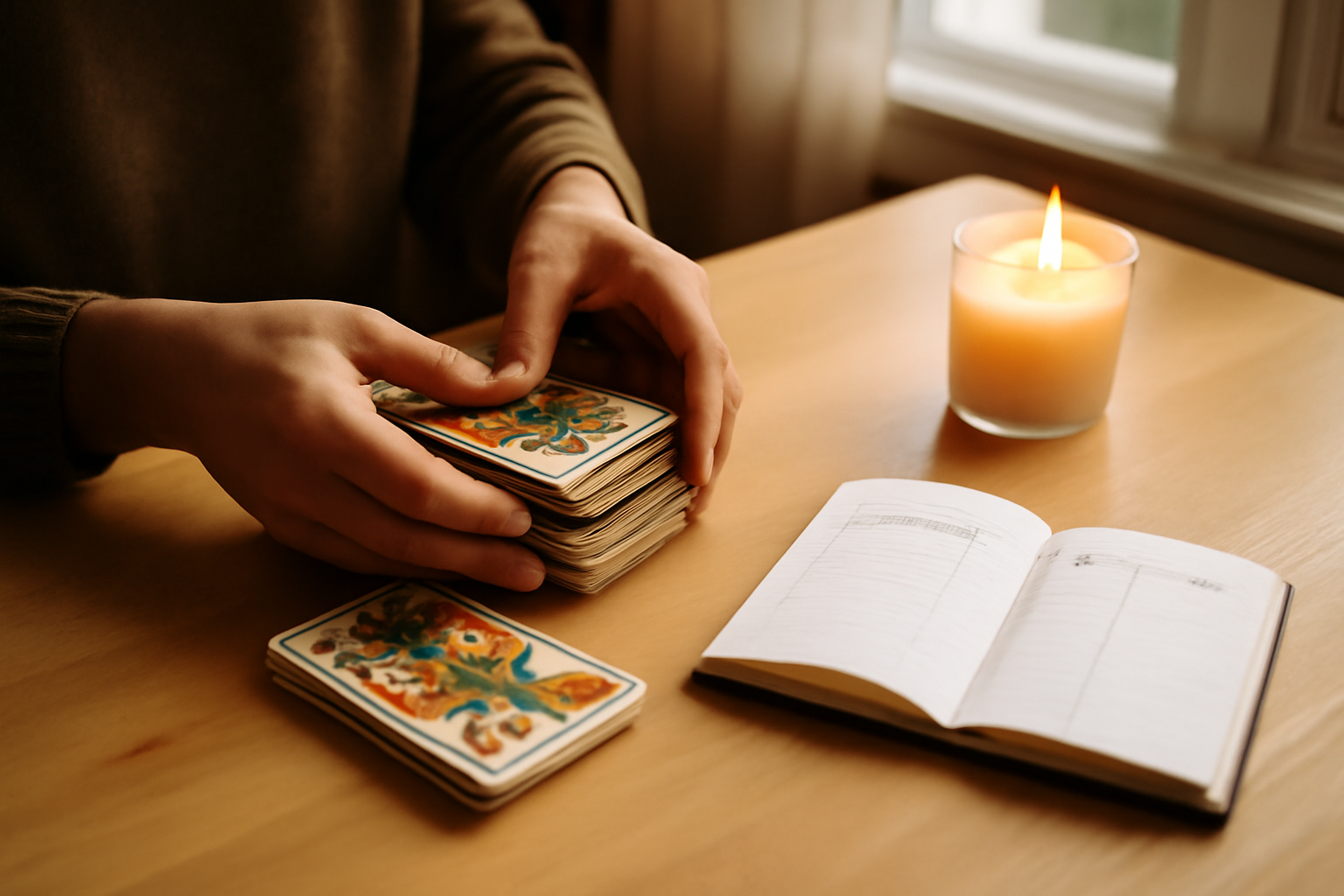 tarot oui non gratuit fiable : tirage de cartes oui non sur une table avec un carnet de notes