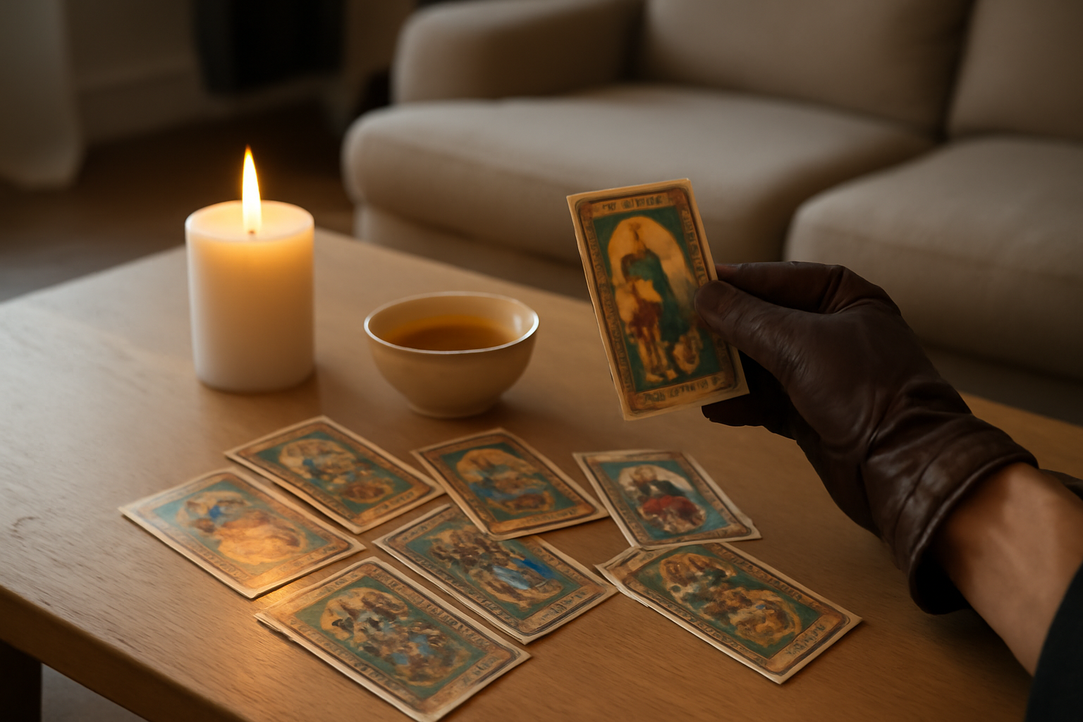 tarot persan avenir posé sur une table en bois, bougie et cartes orientales, lumière chaude