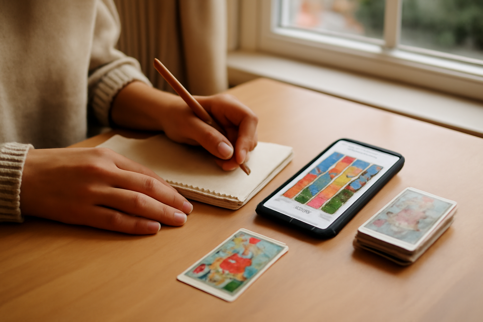 Tarot persan en ligne sur une table, carnet de notes et cartes disposées