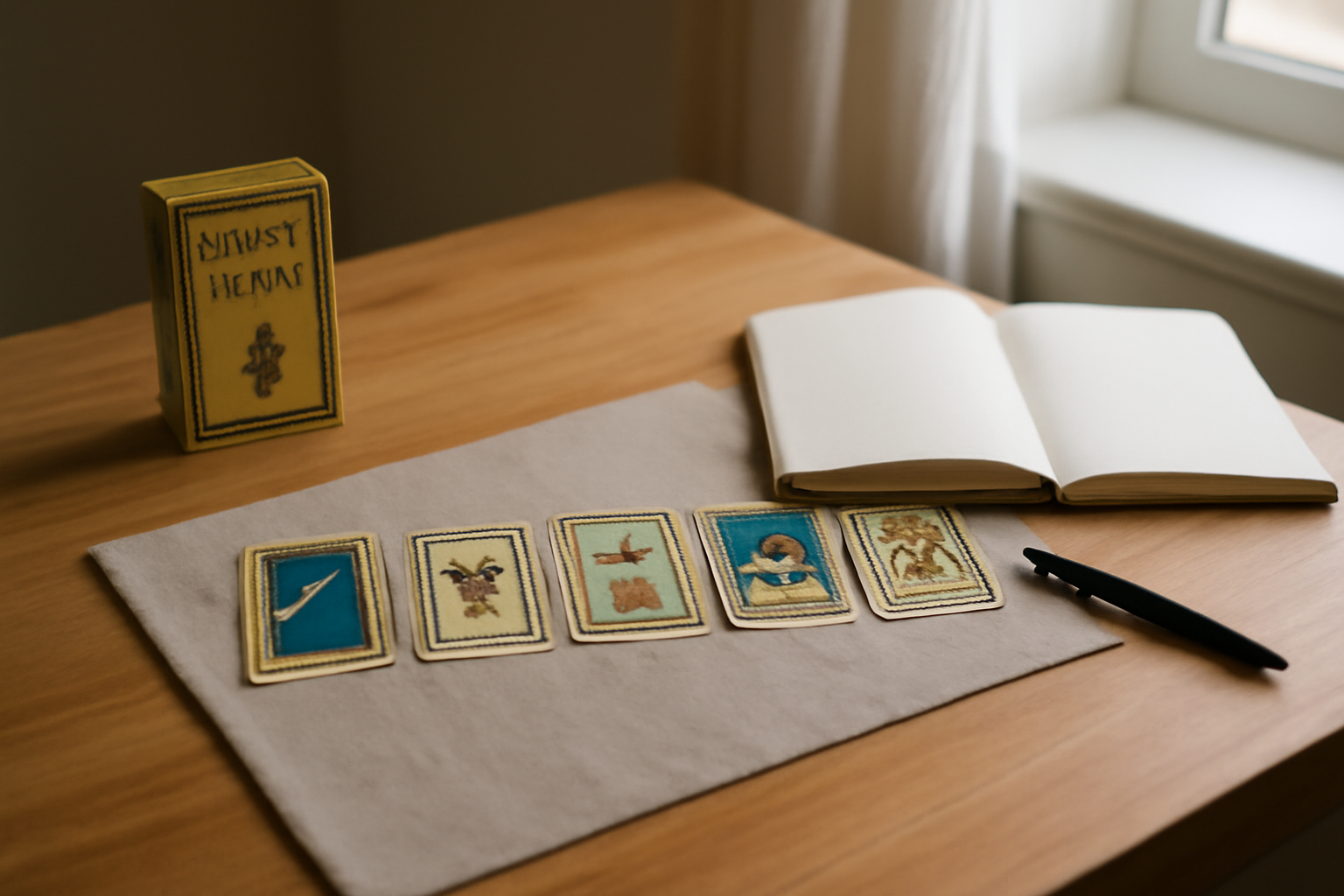 Tirage belline sur table avec oracle, stylo et cartes disposées pour une lecture pas à pas
