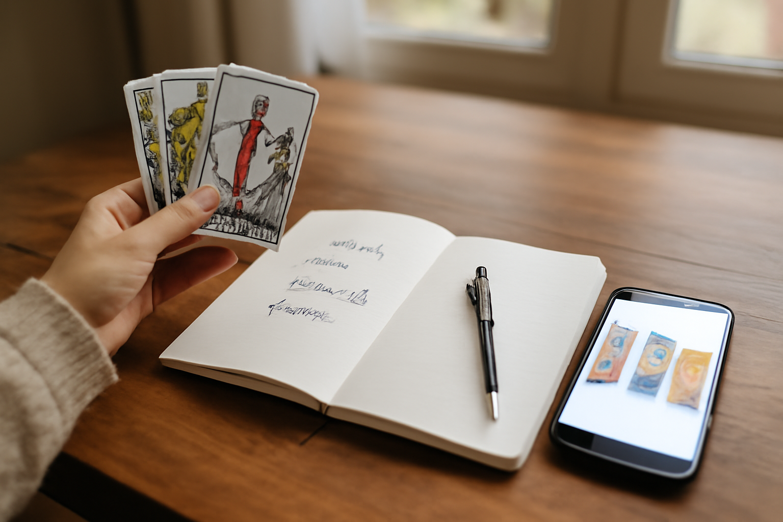 tirage cartes gratuit sur table avec carnet et jeu de tarot, lumière naturelle