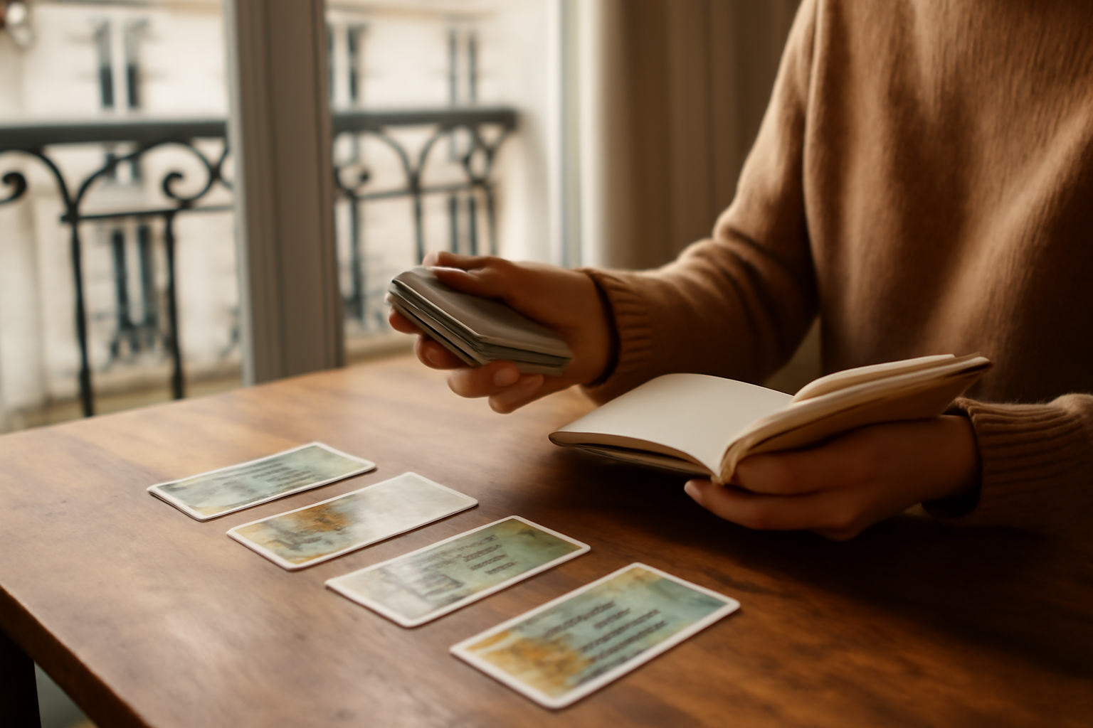 tirage gratuit en ligne sur table, cartes tarot et oracle, lumière naturelle