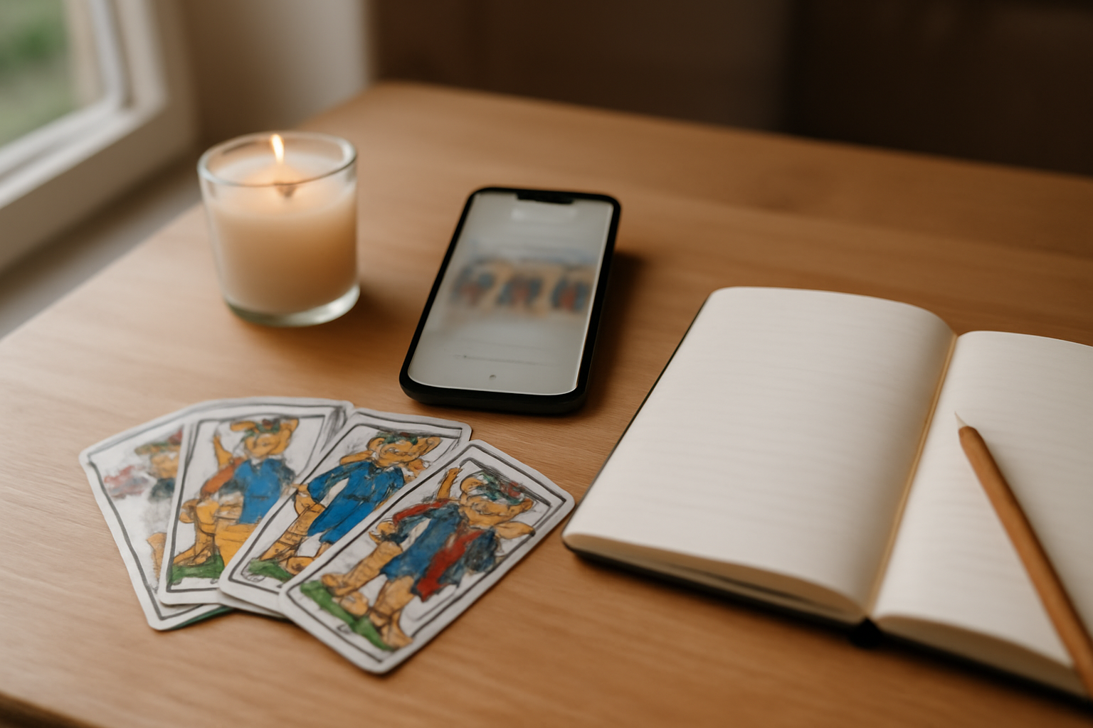 tirage gratuit en ligne sur table avec cartes de tarot de Marseille et téléphone