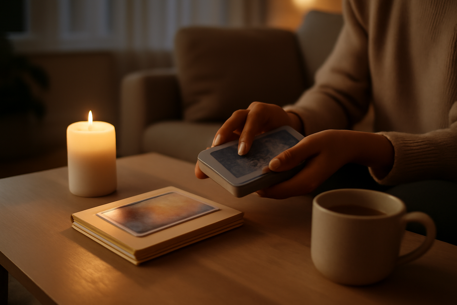 Tirage oracle ge sur une table avec cartes et bougie, ambiance calme