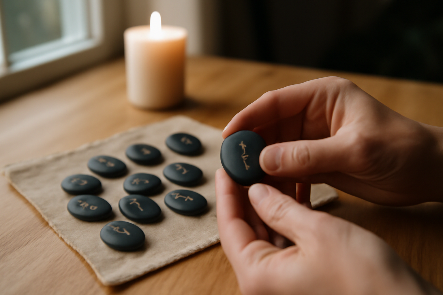 Tirage runes amour avec pierres de runes sur table en bois, lumière du matin