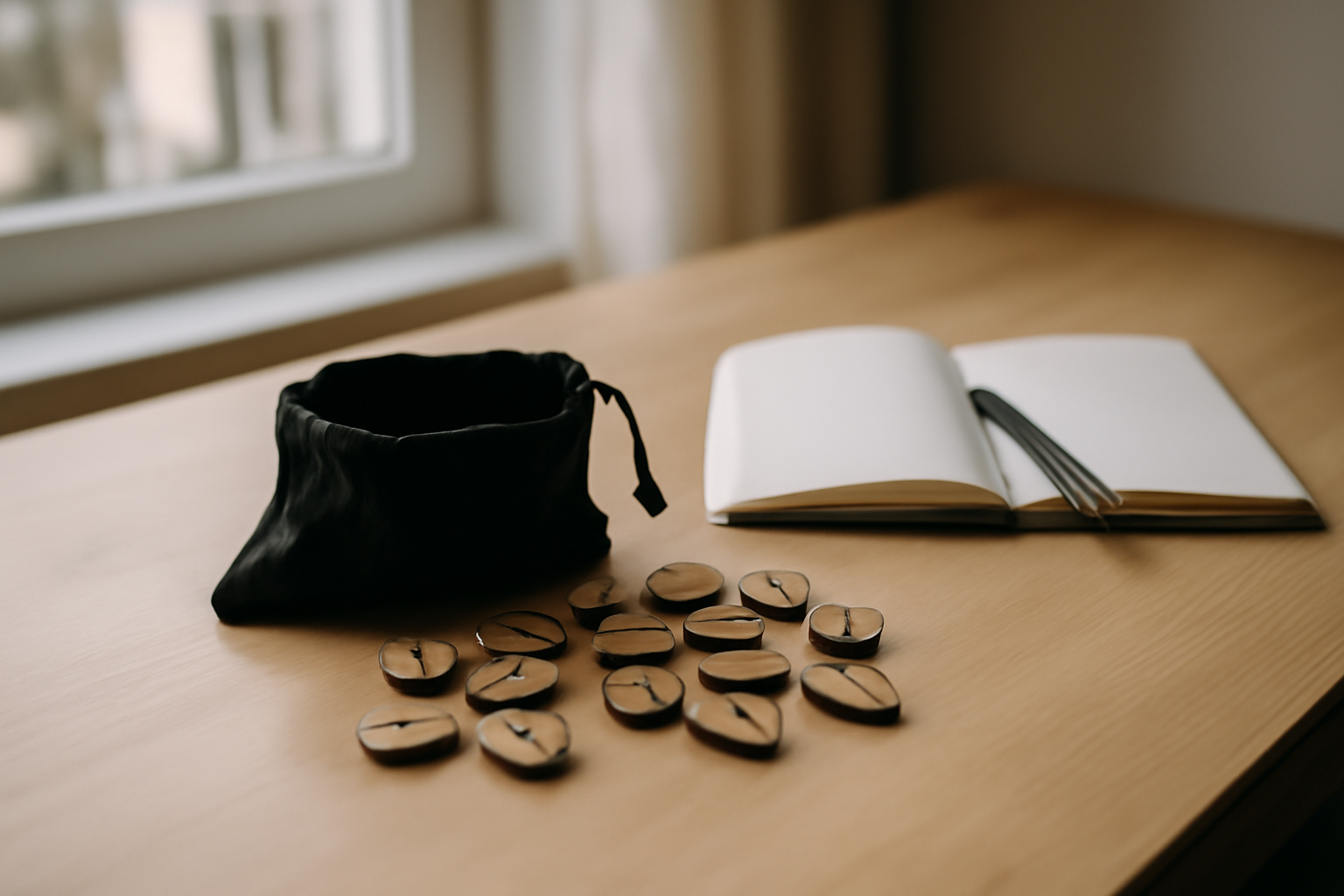 tirage runes avenir gratuit en ligne, mains et runes sur table bois éclairée