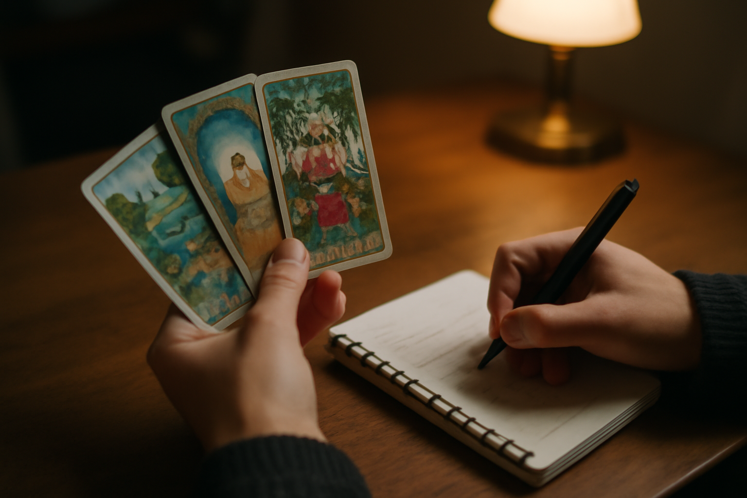 Tirage tarot persan : note des mots-clés des trois cartes sur un carnet