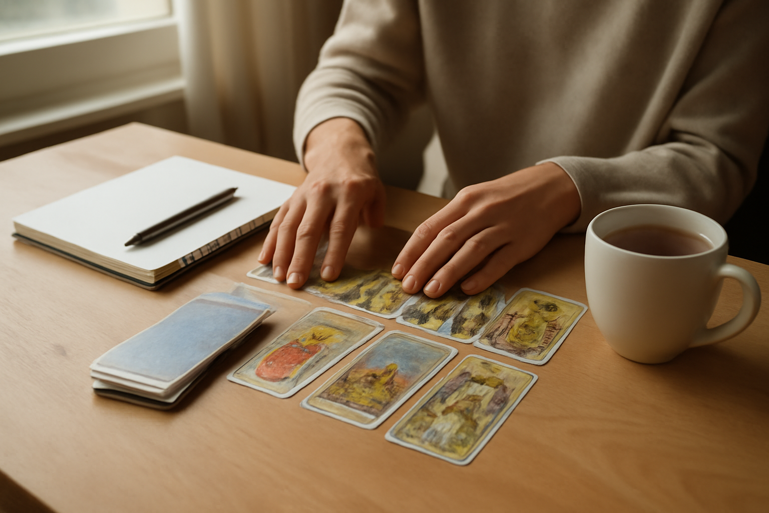 voyance gratuite travail : tirage du tarot sur table avec carnet et cartes