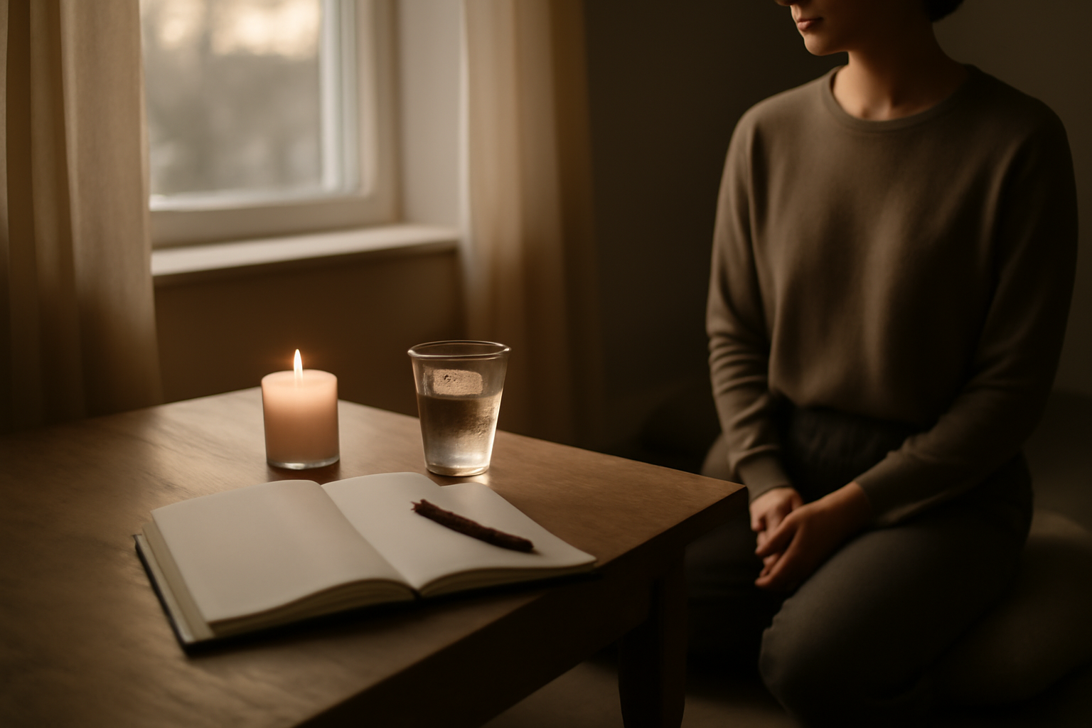 archives akashiques : lecture guidée près d’une table lumineuse, carnet et bougie