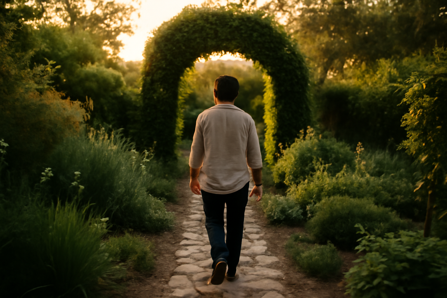 Portrait réaliste d’une personne contemplant un chemin dans un jardin au coucher du soleil, symbole du chemin de vie 6 en numérologie